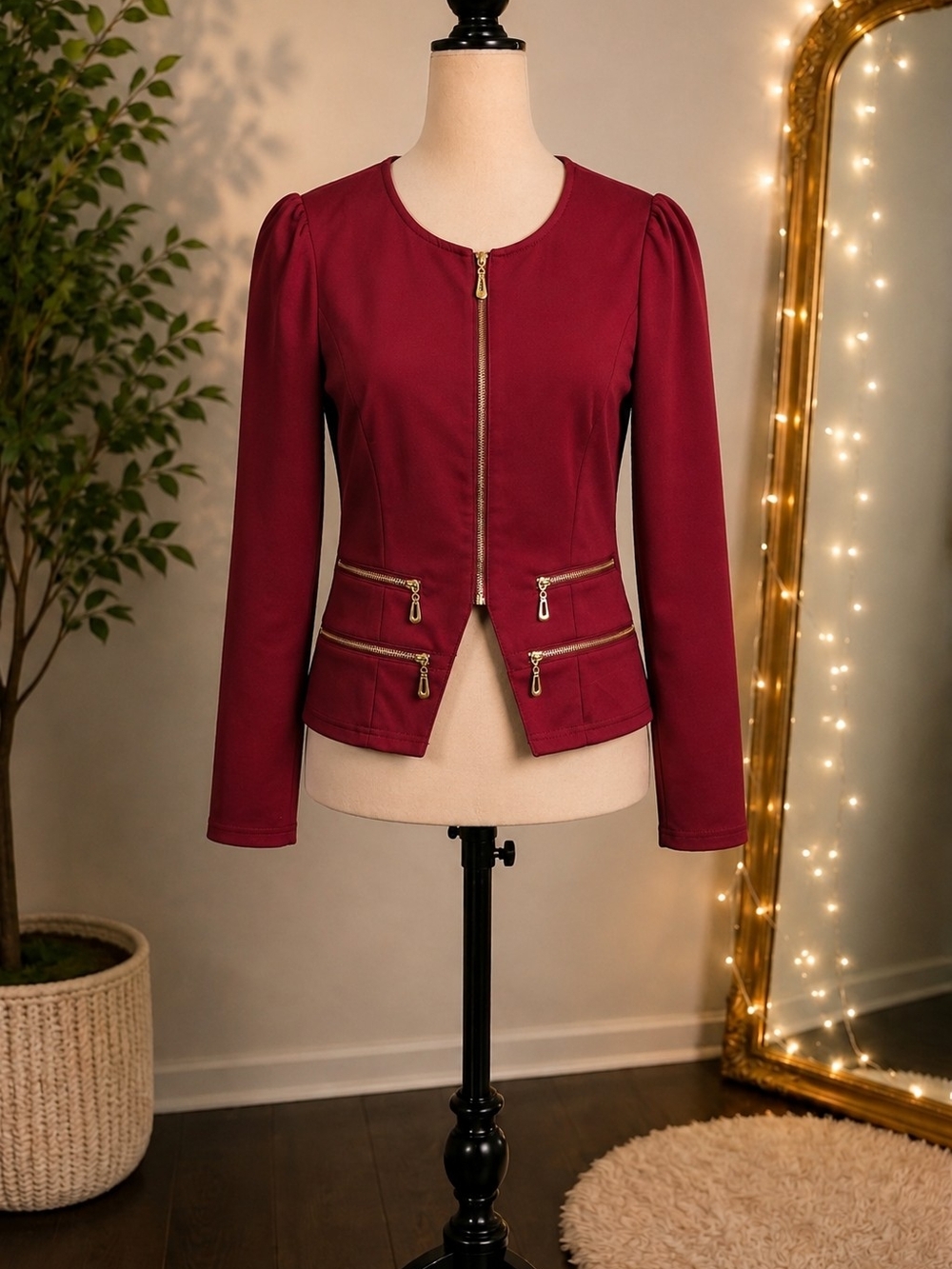 Women's Burgundy Zip-Front Tailored Jacket